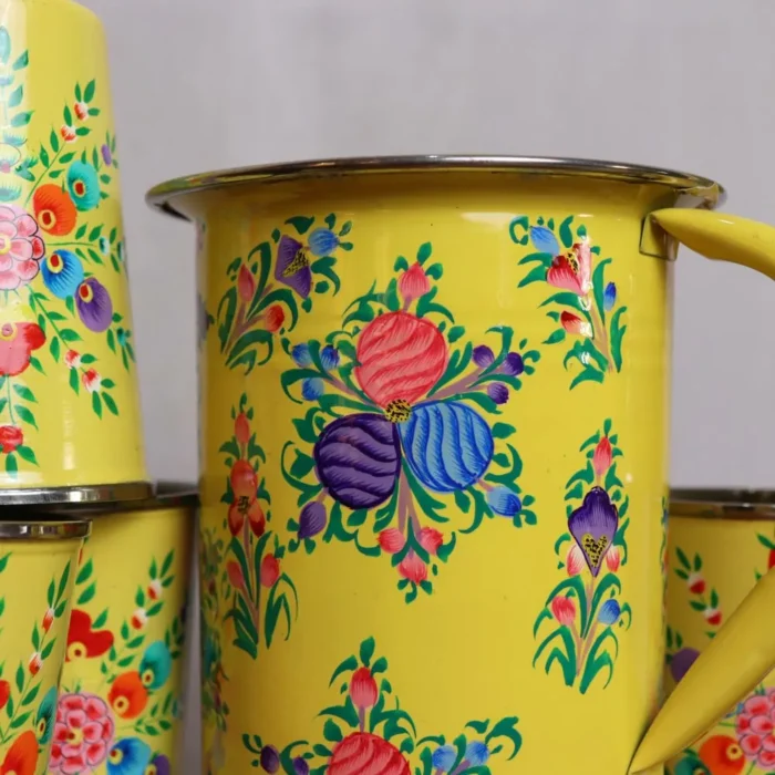 Kashmiri Enamelware Jug with 6 Hand Painted Steel Glass - Image 4