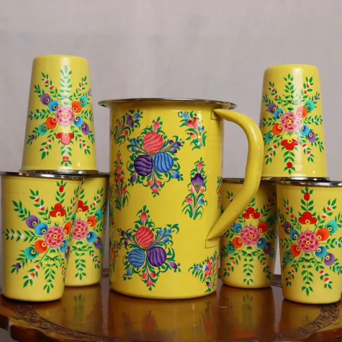 Kashmiri Enamelware Jug with 6 Hand Painted Steel Glass - Image 3