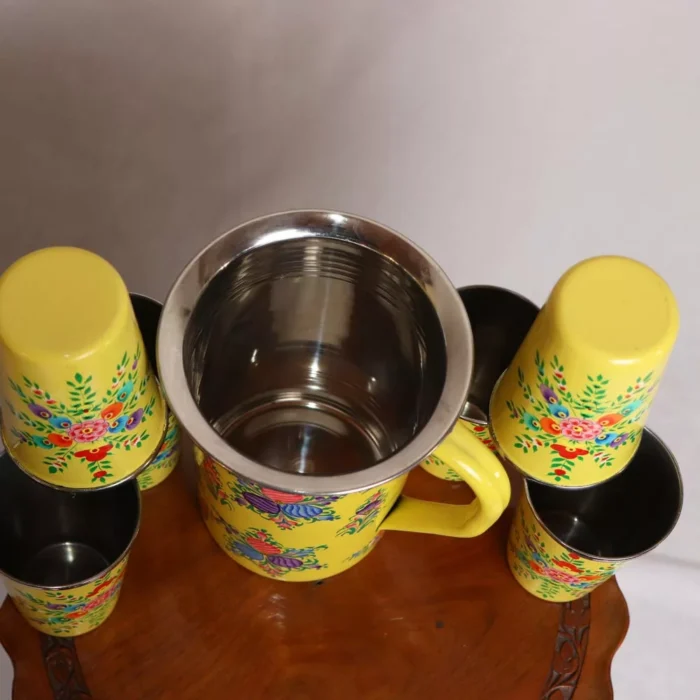 Kashmiri Enamelware Jug with 6 Hand Painted Steel Glass - Image 2