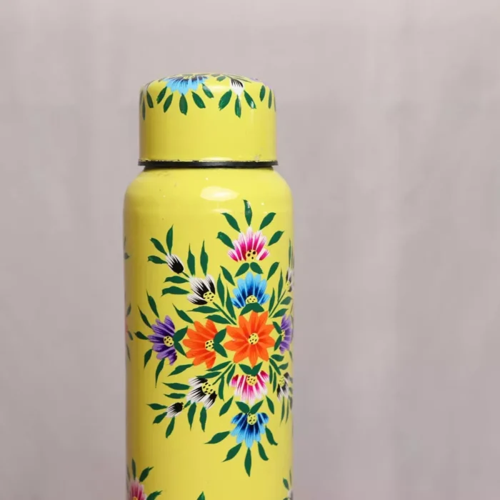 Hand Painted Stainless Steel Bottle- Yellow Kashmiri Enamelware - Image 2