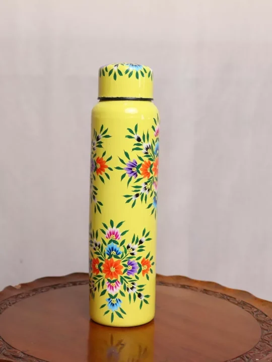 Hand Painted Stainless Steel Bottle- Yellow Kashmiri Enamelware