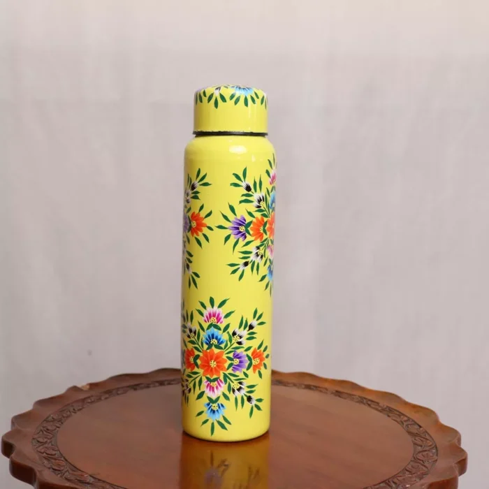 Hand Painted Stainless Steel Bottle- Yellow Kashmiri Enamelware