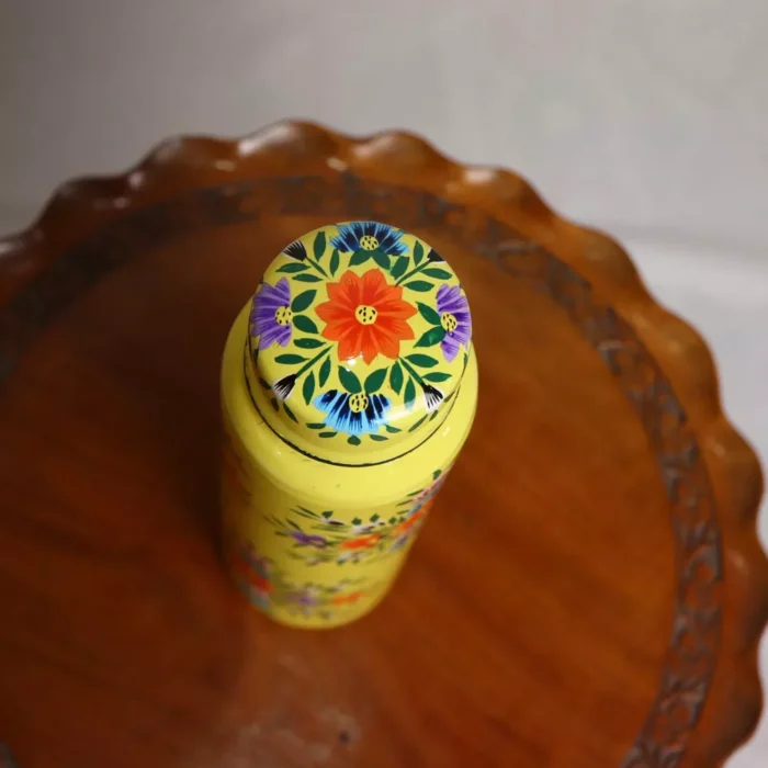 Hand Painted Stainless Steel Bottle- Yellow Kashmiri Enamelware - Image 3