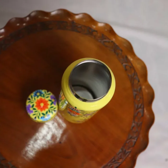 Hand Painted Stainless Steel Bottle- Yellow Kashmiri Enamelware - Image 4