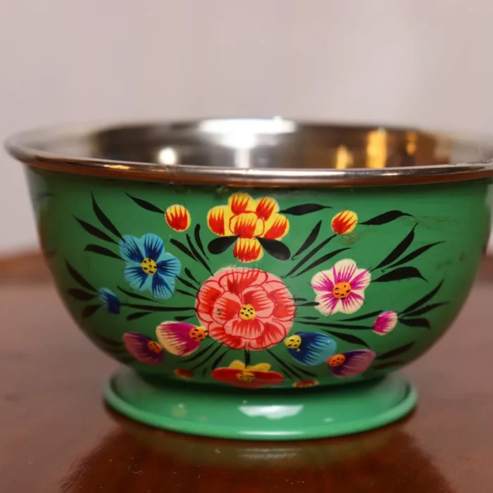 Hand Painted Kashmiri Enamelware Green Bowl - Stainless Steel - Image 2