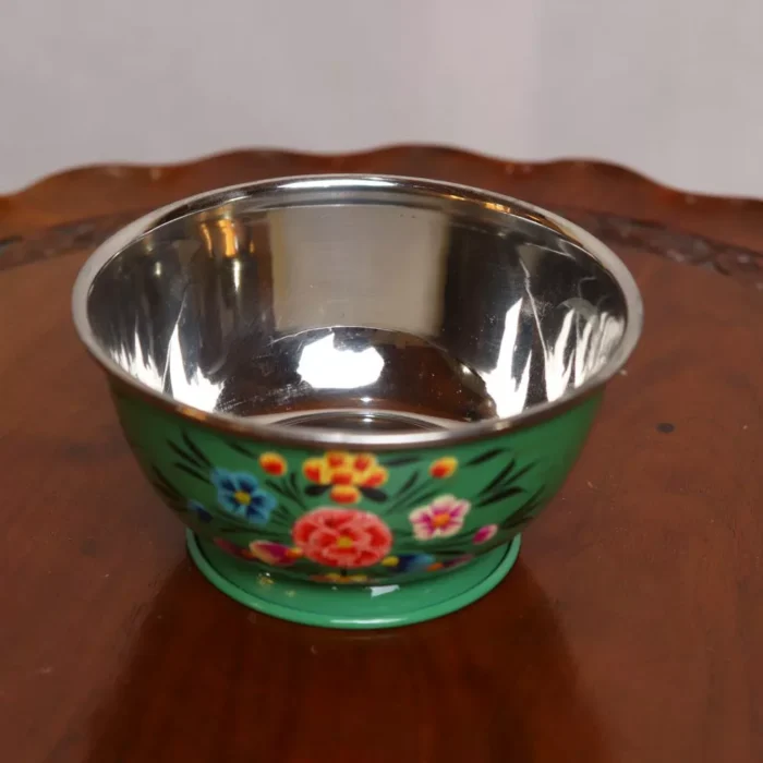 Hand Painted Kashmiri Enamelware Green Bowl - Stainless Steel - Image 3