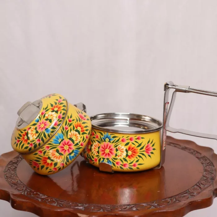 Hand Painted Stainless Steel Lunch Box- Yellow Kashmiri Enamelware - Image 2