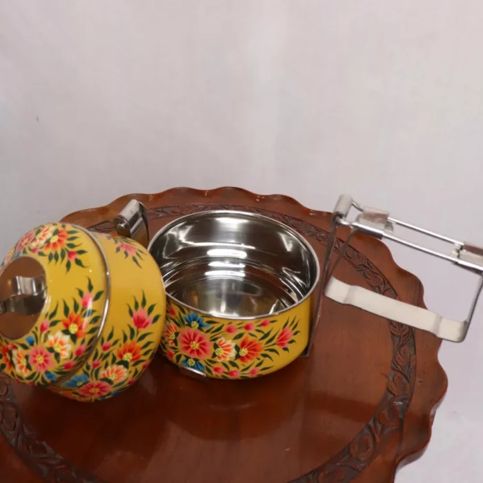 Hand Painted Stainless Steel Lunch Box- Yellow Kashmiri Enamelware - Image 3
