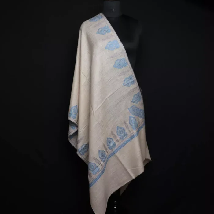 Natural Toosha Pure Pashmina Bluish Sozni Hand Work Stole - Image 2