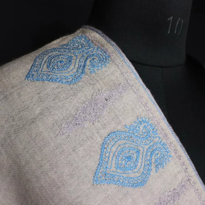 Natural Toosha Pure Pashmina Bluish Sozni Hand Work Stole - Image 3