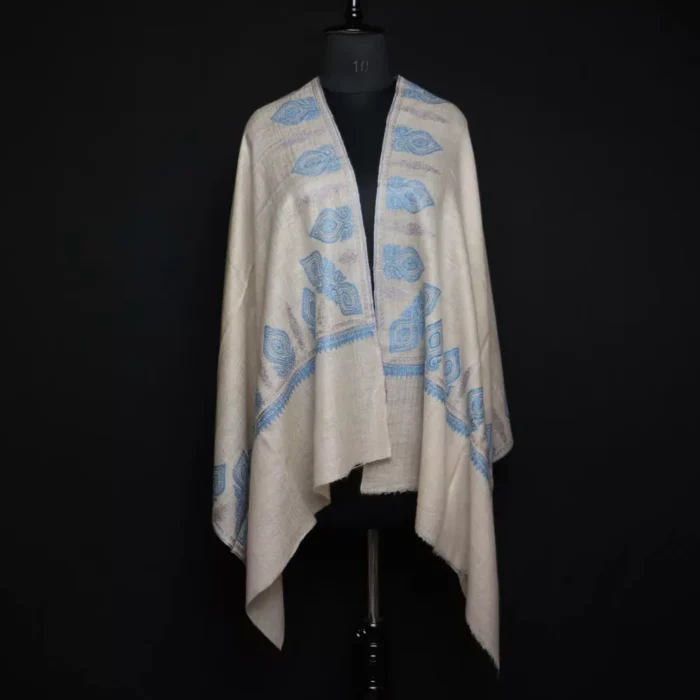 Natural Toosha Pure Pashmina Bluish Sozni Hand Work Stole