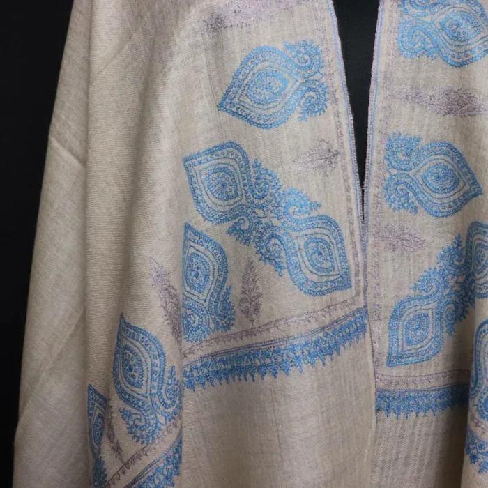 Natural Toosha Pure Pashmina Bluish Sozni Hand Work Stole - Image 6