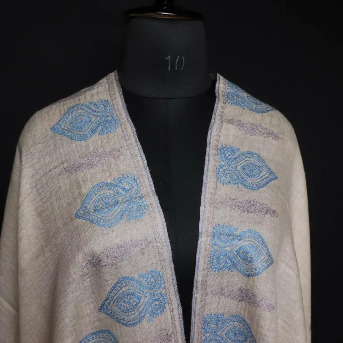 Natural Toosha Pure Pashmina Bluish Sozni Hand Work Stole - Image 5