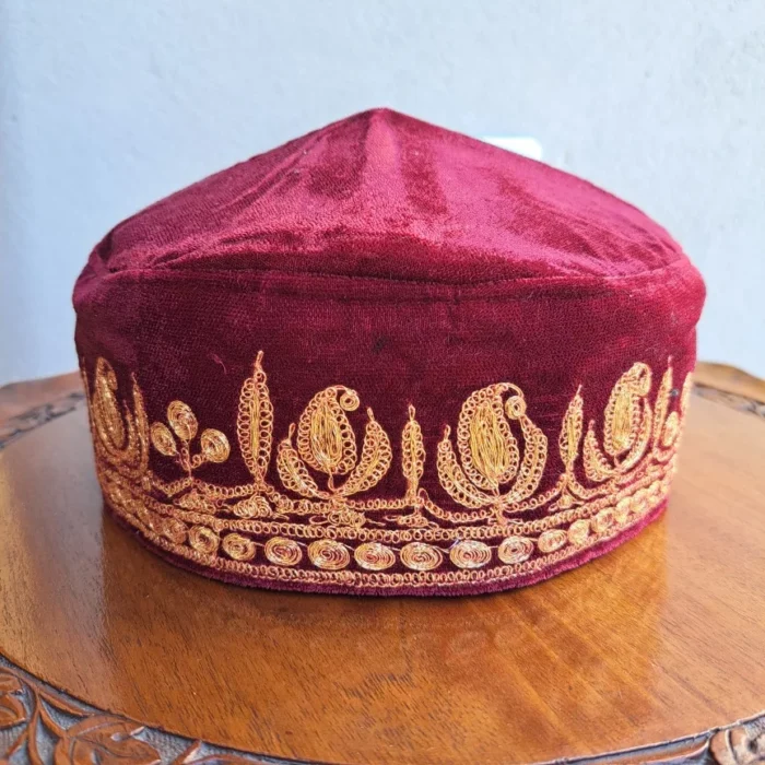 Maroon Golden Badam Tilla Velvet Cap