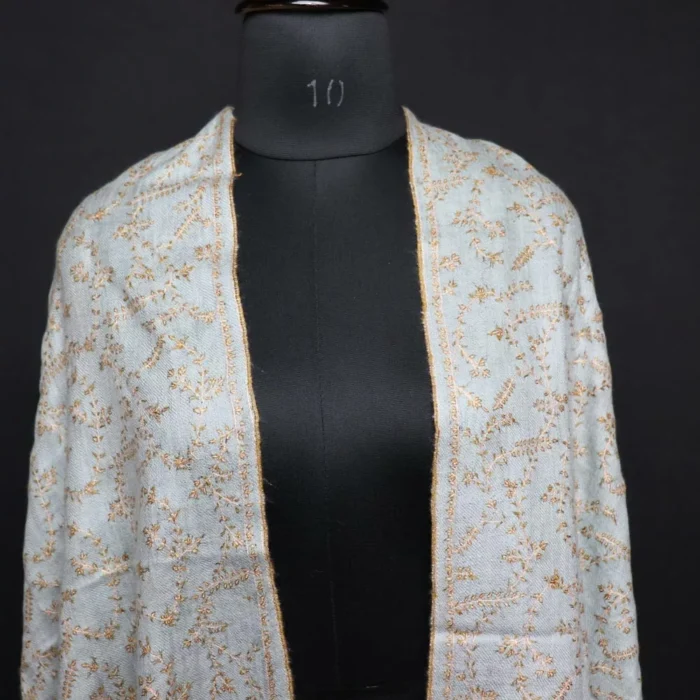Natural Toosh Color Pure Pashmina Sozni Hand Work Stole - Image 3