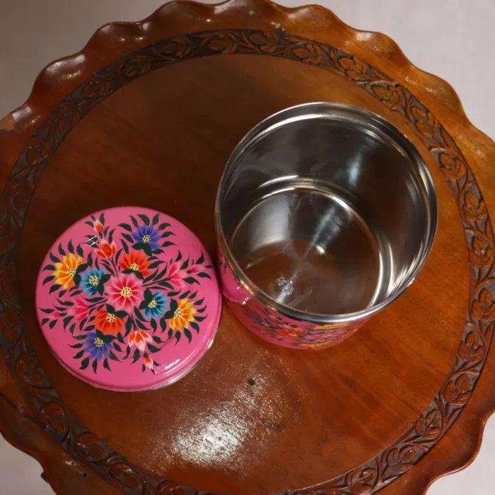 Pink Kashmiri Hand Painted Stainless Canister - Image 3