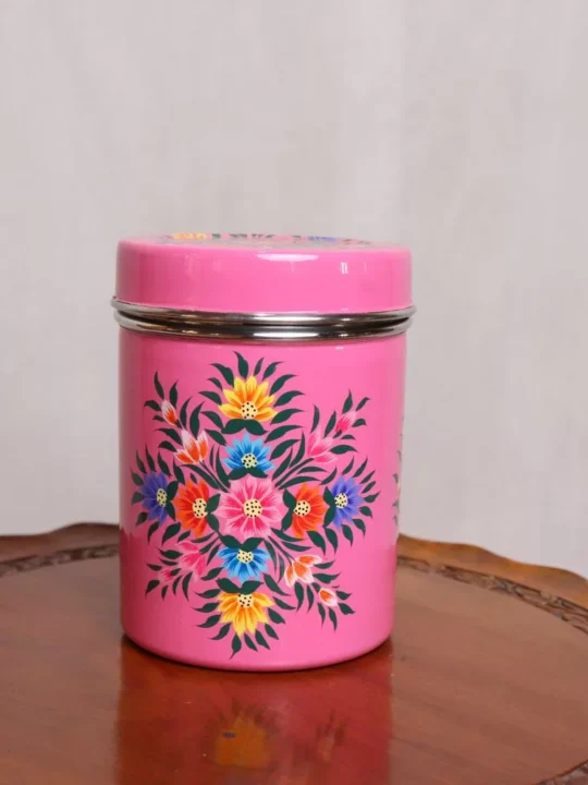 Pink Kashmiri Hand Painted Stainless Canister
