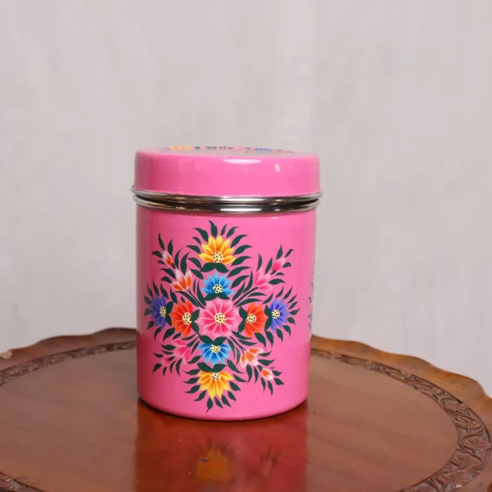 Pink Kashmiri Hand Painted Stainless Canister