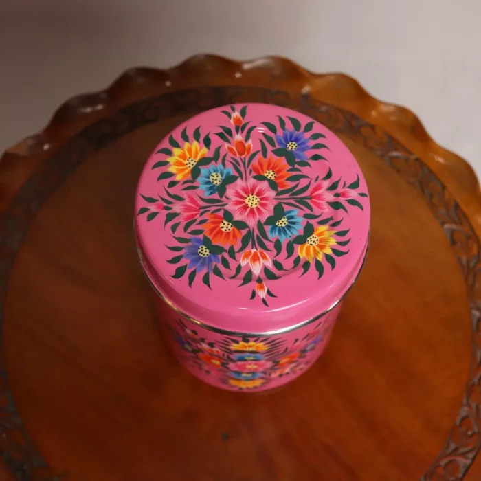 Pink Kashmiri Hand Painted Stainless Canister - Image 2