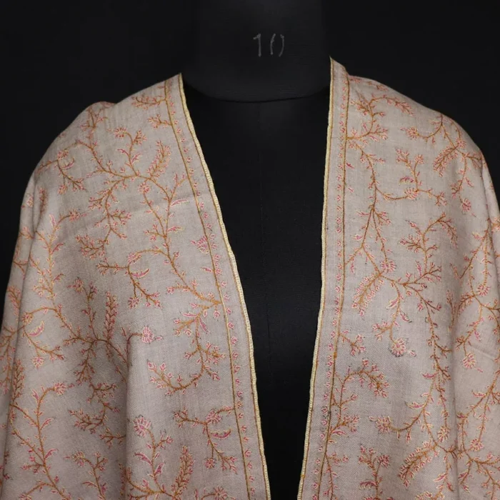 Natural Beige Pure Pashmina Sozni Hand Work Stole - Image 6