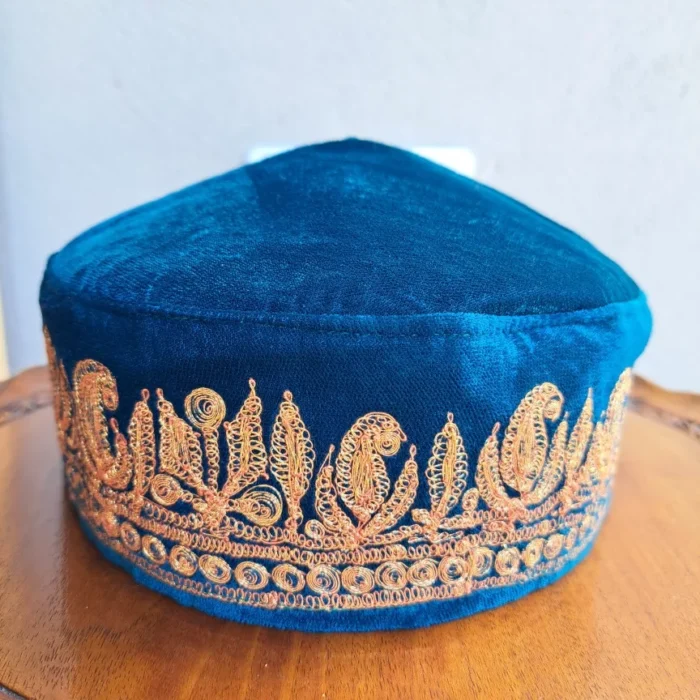 Sea Green Golden Badam Tilla Velvet Cap