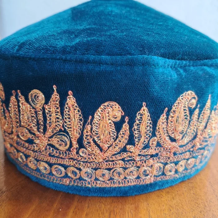 Sea Green Golden Badam Tilla Velvet Cap - Image 2