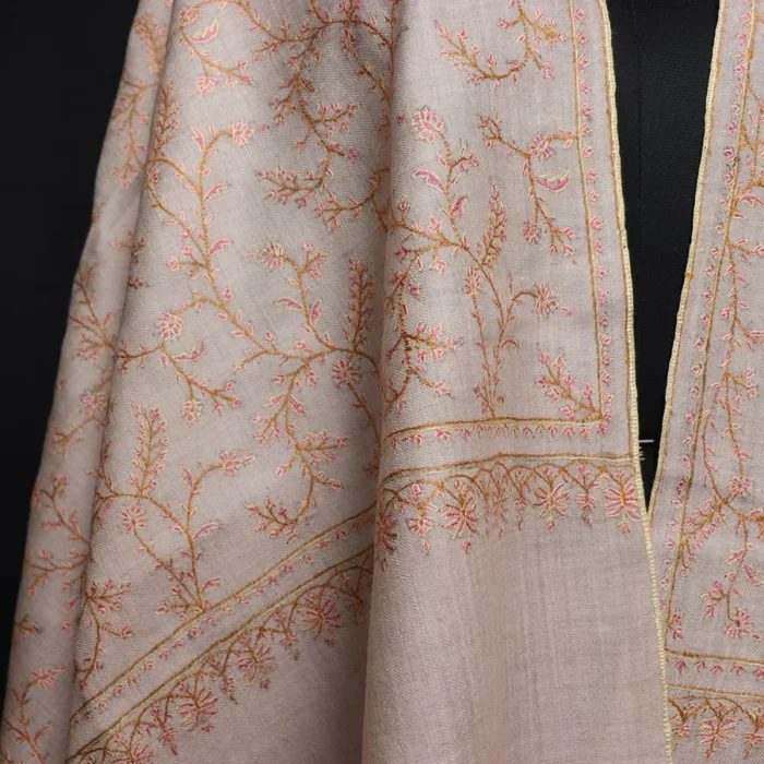 Natural Beige Pure Pashmina Sozni Hand Work Stole - Image 5