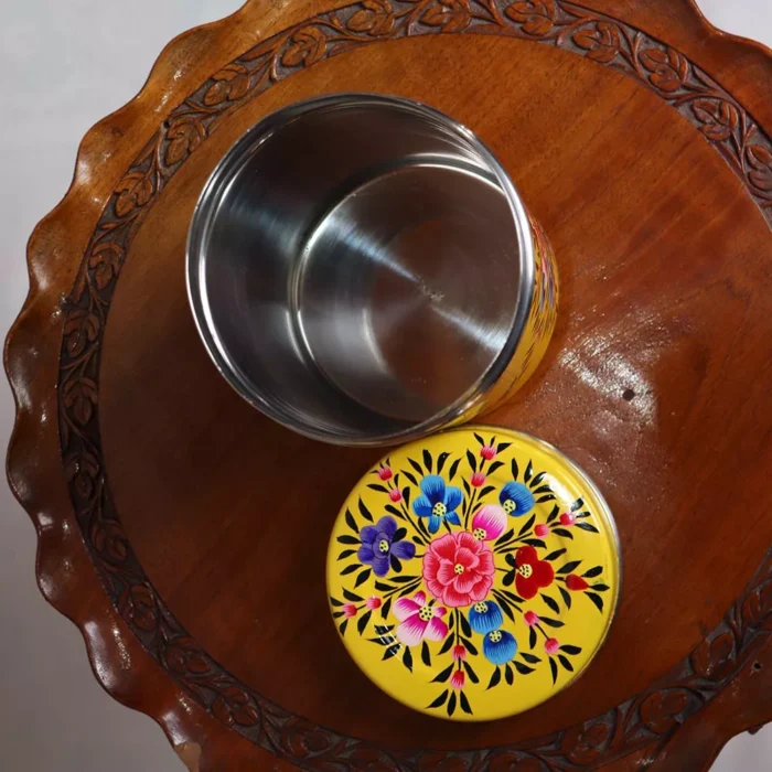 Yellow Kashmiri Hand Painted Stainless Canister - Image 2