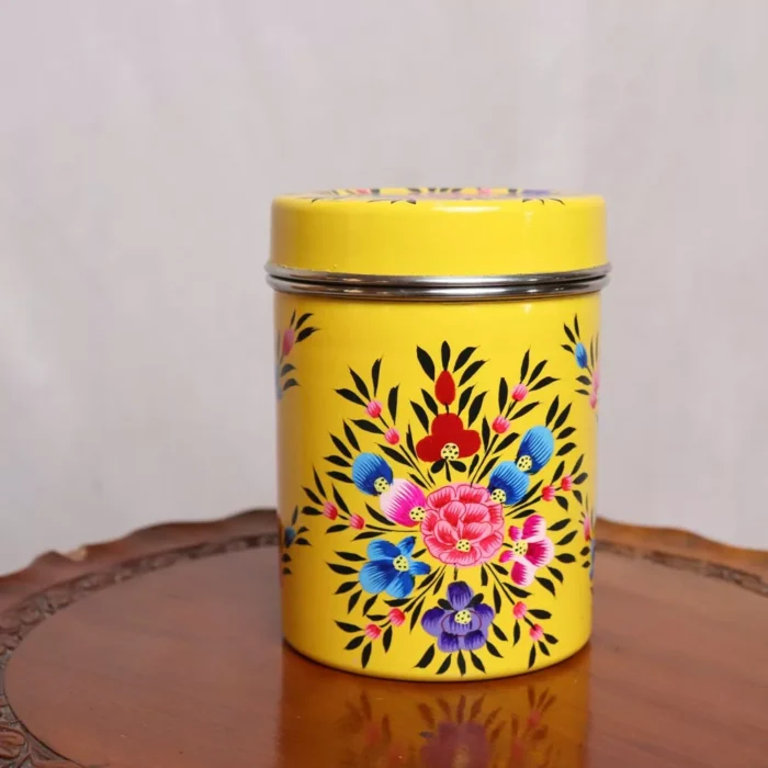 Yellow Kashmiri Hand Painted Stainless Canister