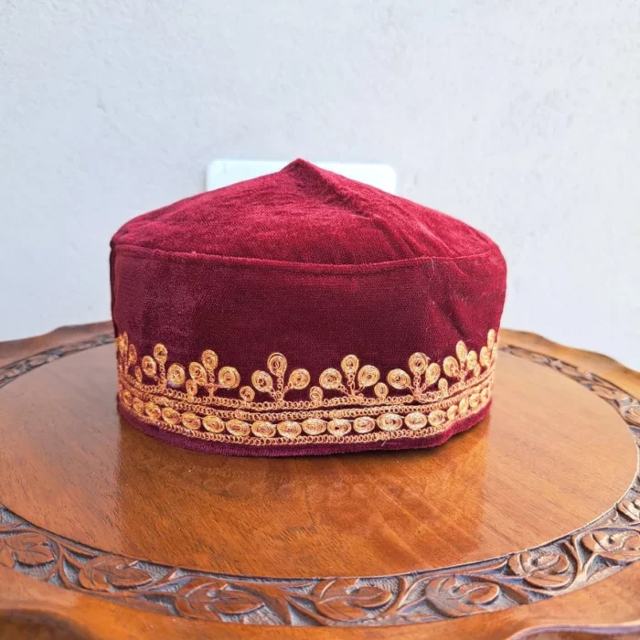 Maroon Golden Tilla Velvet Cap