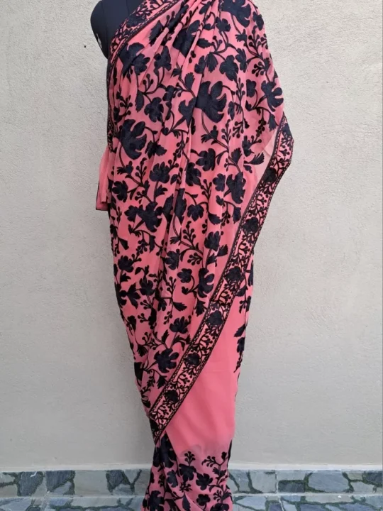Peach Harud Chinar Georgette Kashmiri Saree With Aari Embroidery