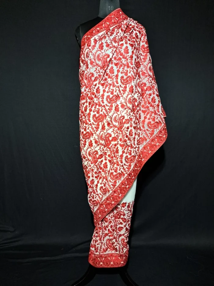 White and Red Saeem Badami Georgette Kashmiri Saree With Heavy Aari Embroidery