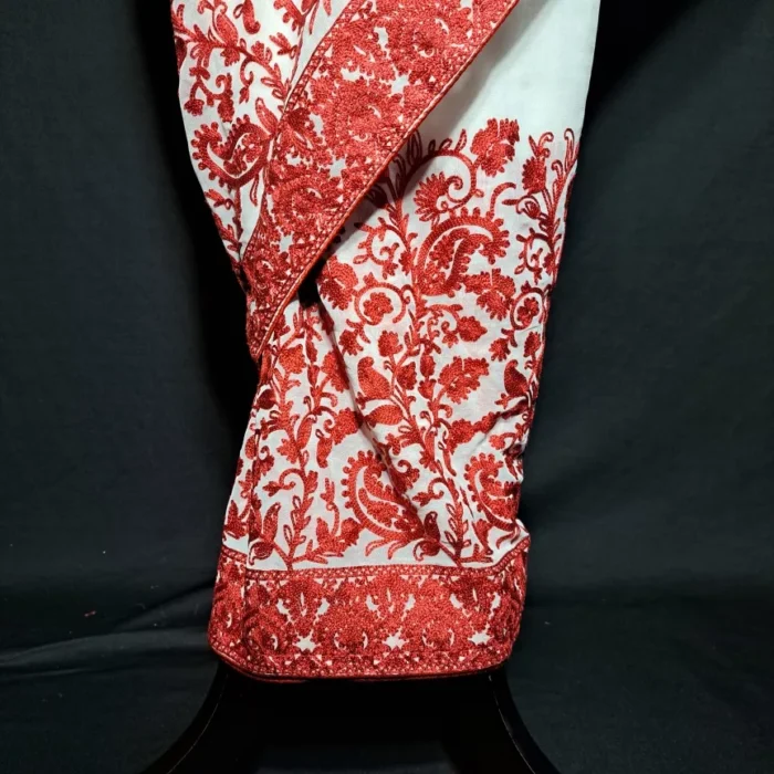White and Red Saeem Badami Georgette Kashmiri Saree With Heavy Aari Embroidery - Image 3