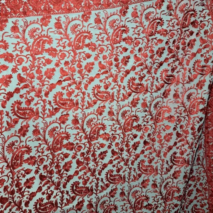 White and Red Saeem Badami Georgette Kashmiri Saree With Heavy Aari Embroidery - Image 4