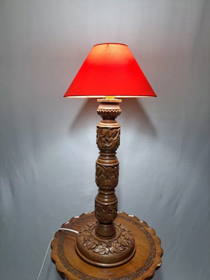 Walnut Wood Table Lamp With Hand Carved Chinar Design – H18 - Image 4