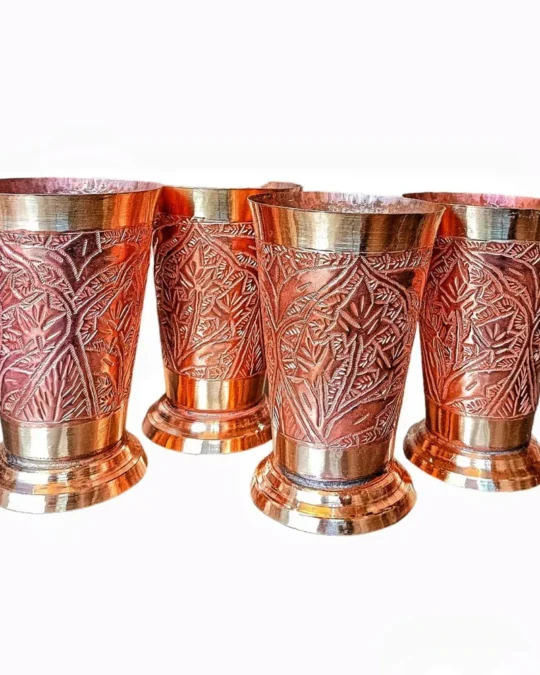 Set of 4: Kashmiri Copper Drinking Glasses (Hand-Engraved Beauty)