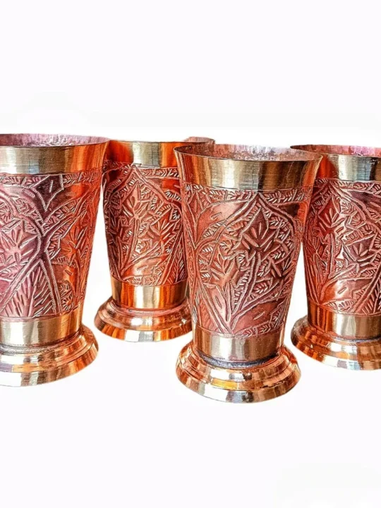 Set of 4: Kashmiri Copper Drinking Glasses (Hand-Engraved Beauty)
