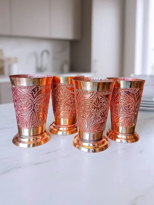 Set of 4: Kashmiri Copper Drinking Glasses (Hand-Engraved Beauty)
