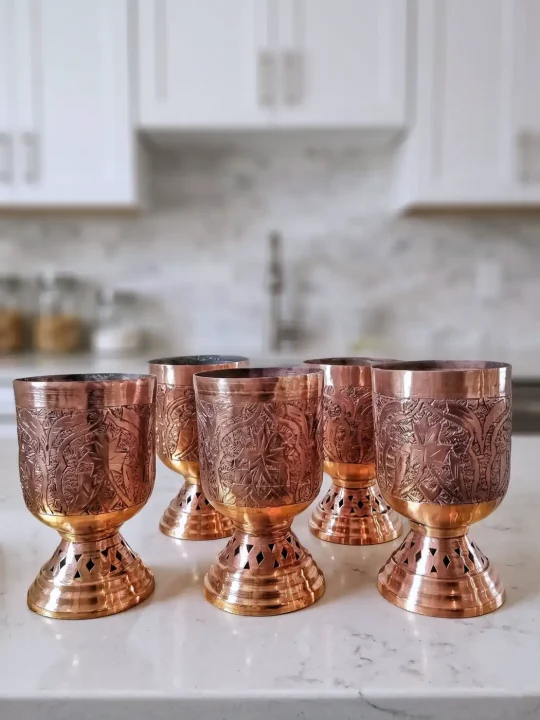 Set of 5: Kashmiri Copper Drinking Glasses (Hand-Engraved Beauty)