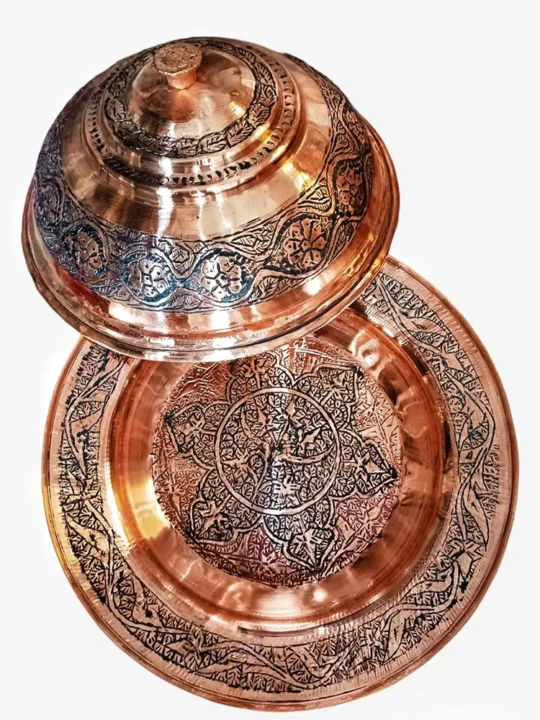 Set of 2 Kashmiri Copper Plates & Covers - Hand-Engraved Beauty (10")