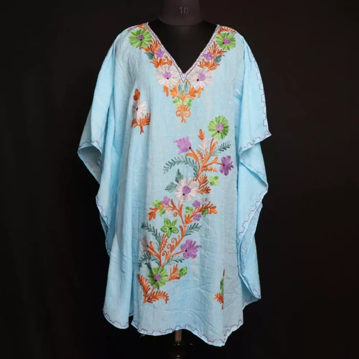 Kashmiri Sky Blue Short Kaftan – Aari Embroidered Crush Cotton
