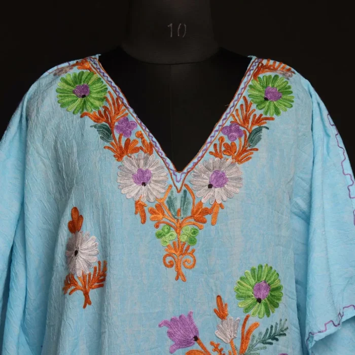 Kashmiri Sky Blue Short Kaftan – Aari Embroidered Crush Cotton - Image 2