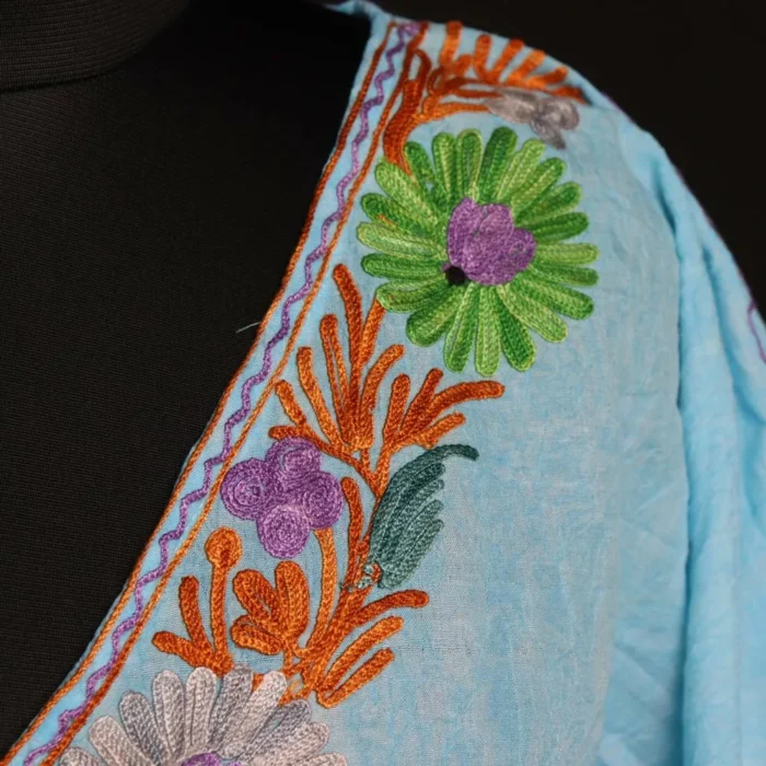 Kashmiri Sky Blue Short Kaftan – Aari Embroidered Crush Cotton - Image 3