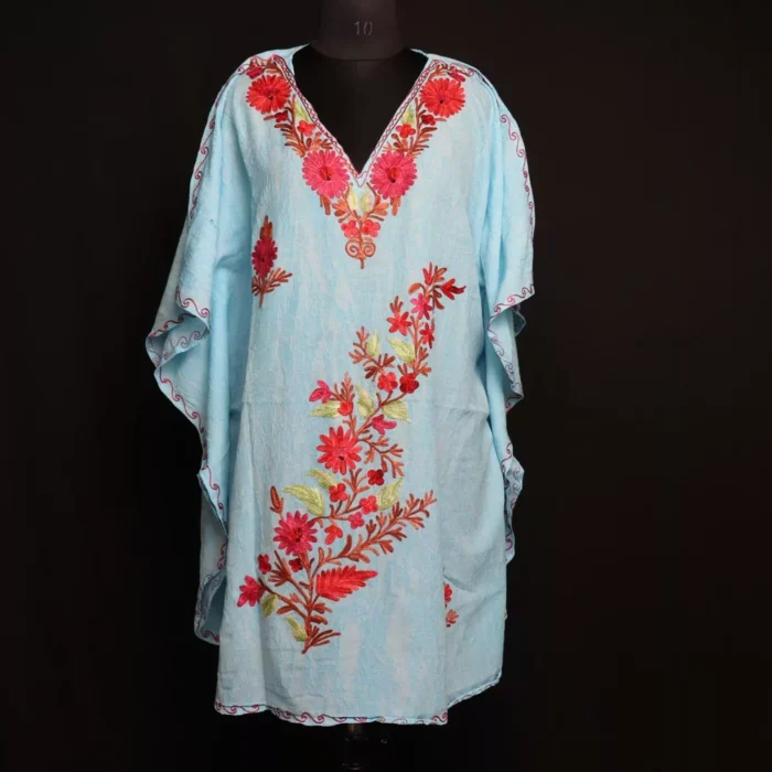 Kashmiri Blue Harud Short Kaftan – Aari Embroidered Crush Cotton