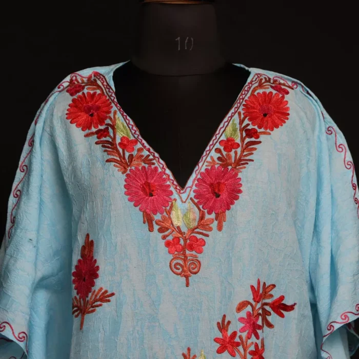 Kashmiri Blue Harud Short Kaftan – Aari Embroidered Crush Cotton - Image 2