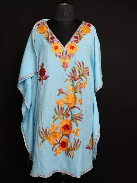 Short Kashmiri Kaftan – Aari Embroidered Blue Crush Cotton
