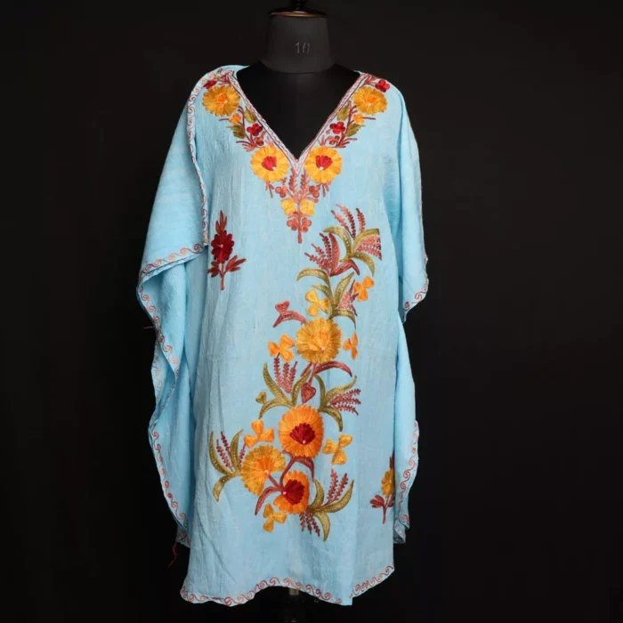 Short Kashmiri Kaftan – Aari Embroidered Blue Crush Cotton