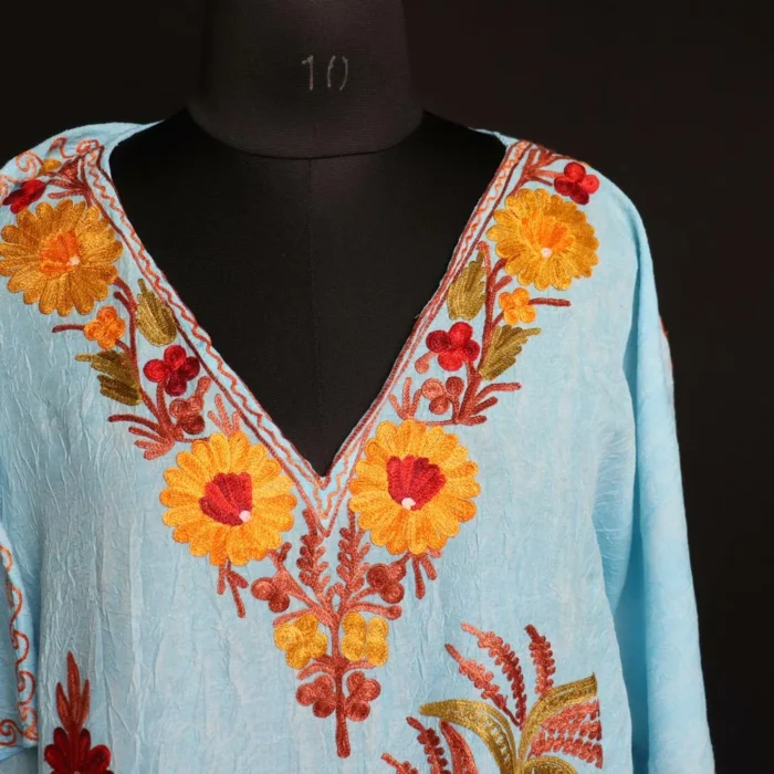 Short Kashmiri Kaftan – Aari Embroidered Blue Crush Cotton - Image 2