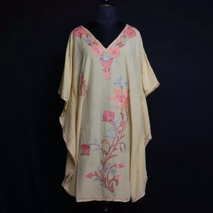 Stylish Kashmiri Yellow Short Kaftan – Aari Embroidered Crush Cotton