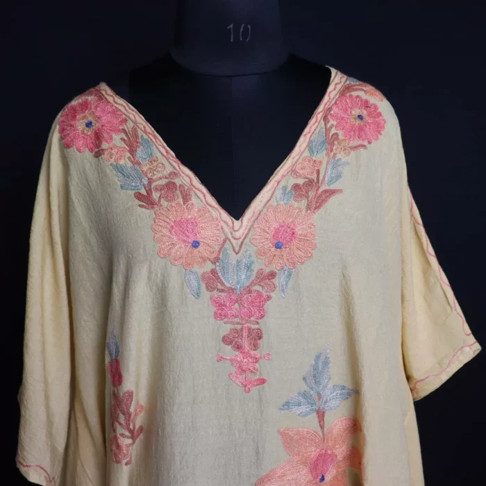 Stylish Kashmiri Yellow Short Kaftan – Aari Embroidered Crush Cotton - Image 2